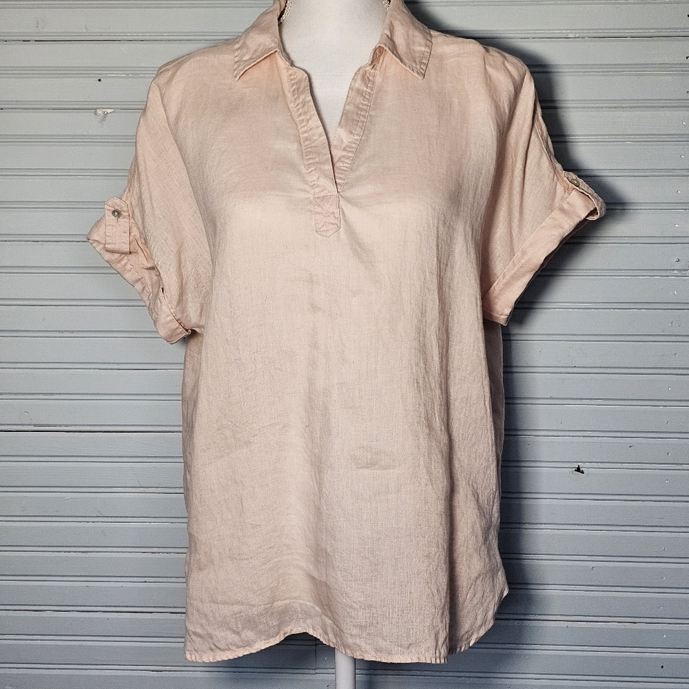 Cynthia Rowley Pale Pink 100% Linen V-Neck Short Sleeved Top Women's Size M